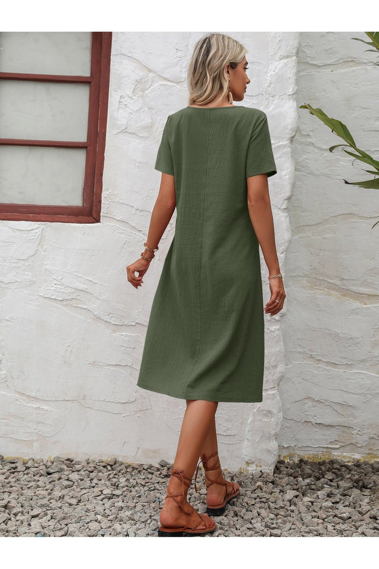 Round Neck Short Sleeve Dress with Pockets
