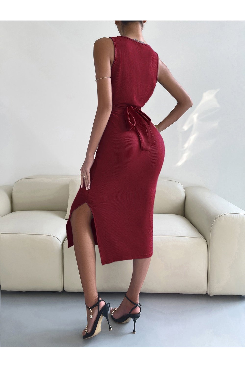 Round Neck Tie Back Slit Sleeveless Dress - Casual & Maxi Dresses - FITGGINS