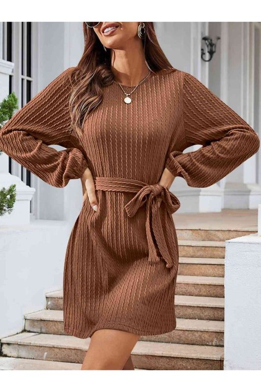 Round Neck Tie Front Long Sleeve Dress - Sweater Dresses - FITGGINS