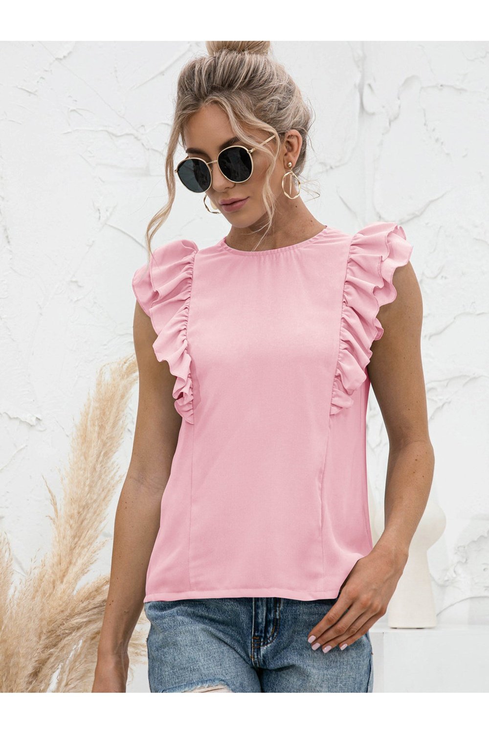 Round Neck Tied Open Back Flutter Sleeve Top - Blouses - FITGGINS