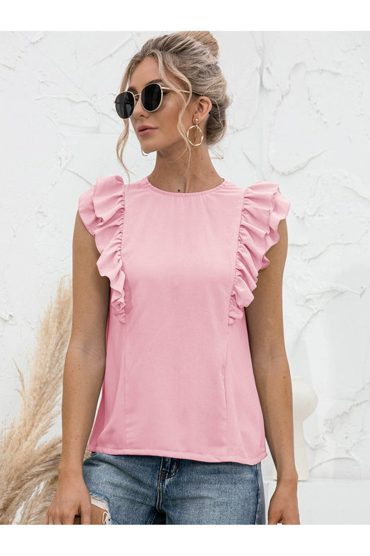 Round Neck Tied Open Back Flutter Sleeve Top - Blouses - FITGGINS