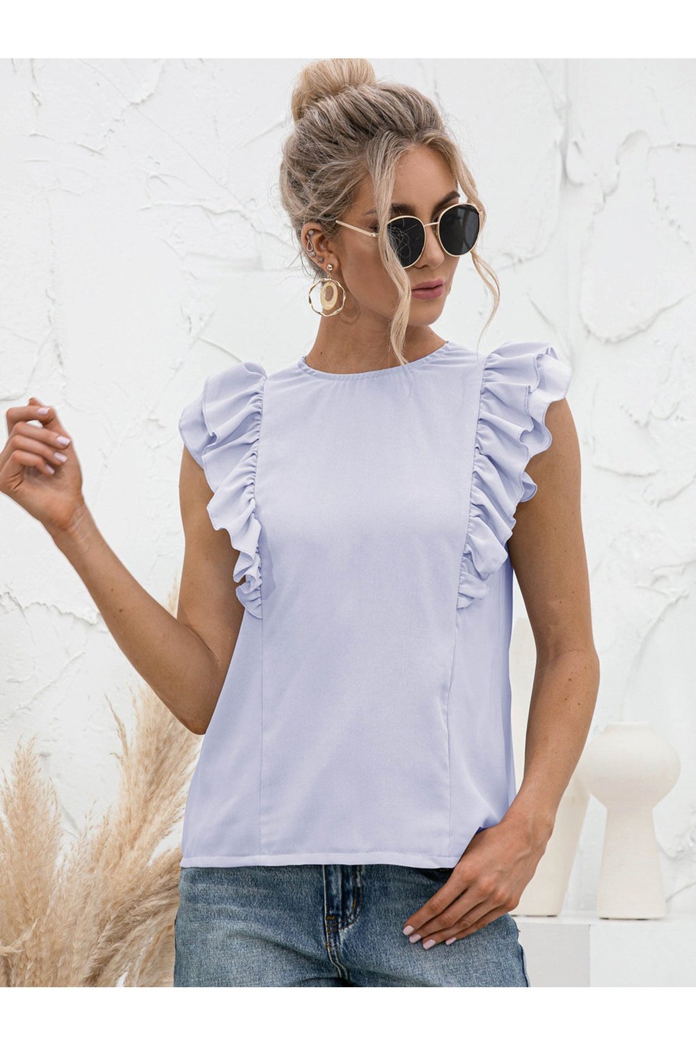 Round Neck Tied Open Back Flutter Sleeve Top - Blouses - FITGGINS