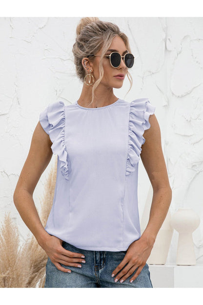 Round Neck Tied Open Back Flutter Sleeve Top - Blouses - FITGGINS