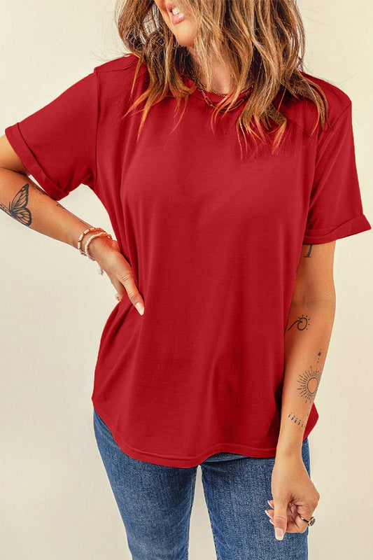 Round Neck Cuffed Short Sleeve Tee Red Fitggins