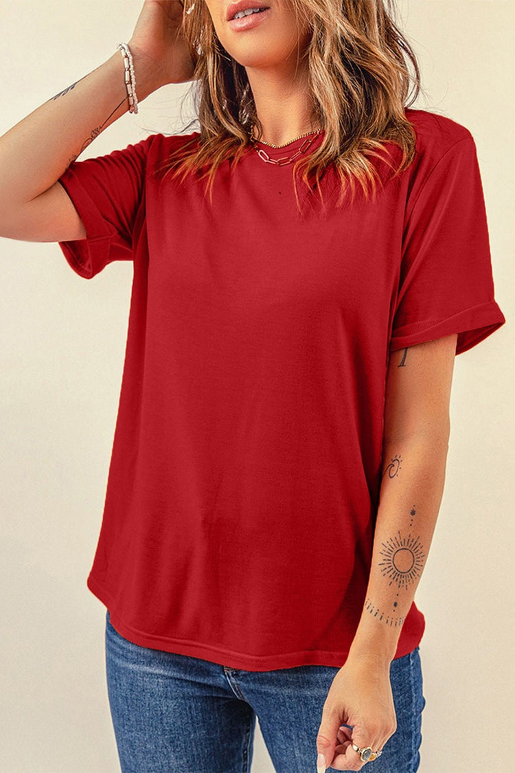 Round Neck Cuffed Short Sleeve Tee - T-Shirts - FITGGINS
