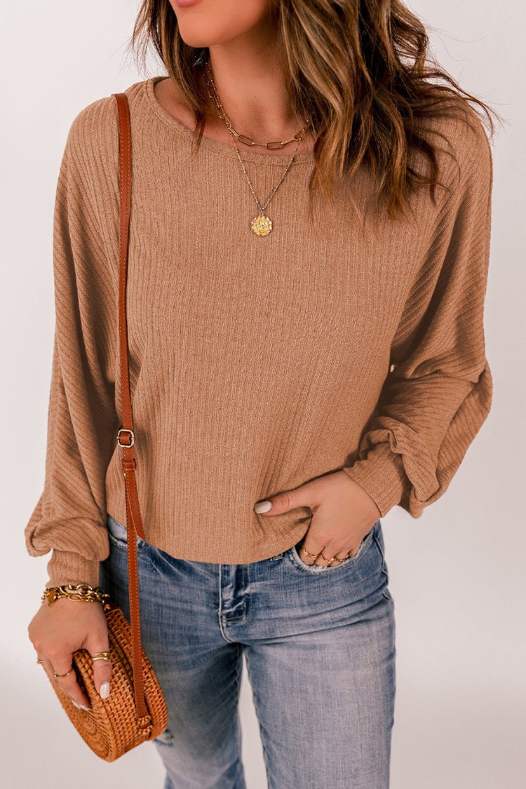 Round Neck Ribbed Top - Pullover Sweaters - FITGGINS