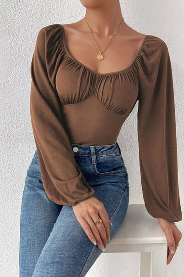 Ruched Balloon Sleeve Bodysuit - Bodysuit - FITGGINS