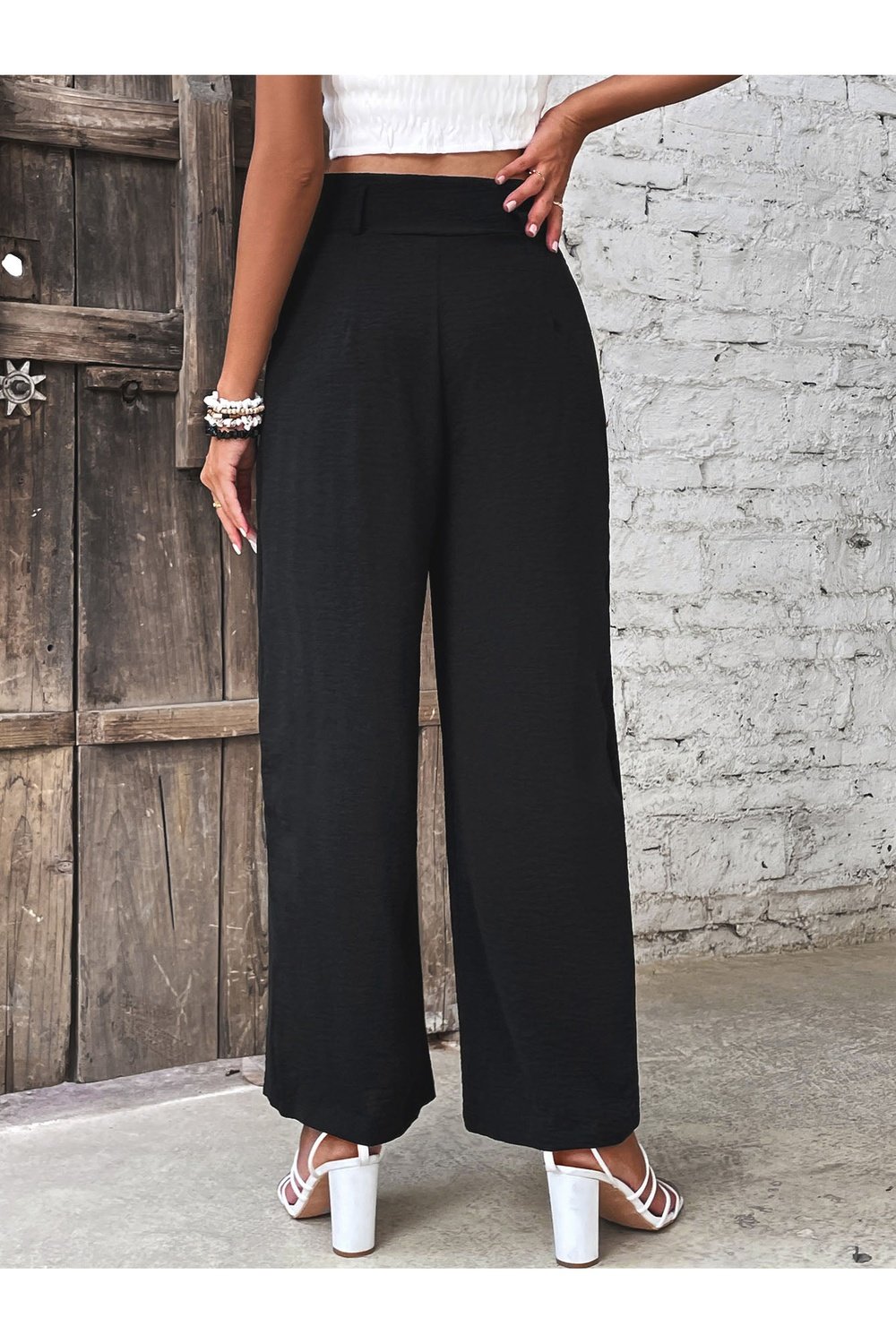 Ruched High Waist Straight Leg Pants - Pants - FITGGINS