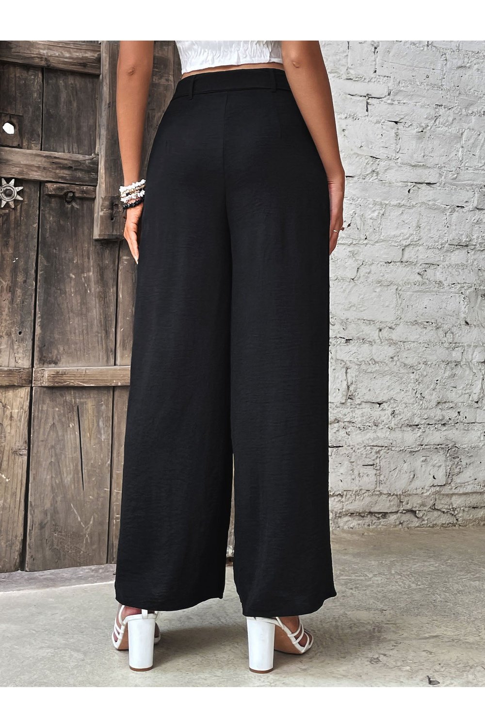 Ruched High Waist Wide Leg Pants - Pants - FITGGINS