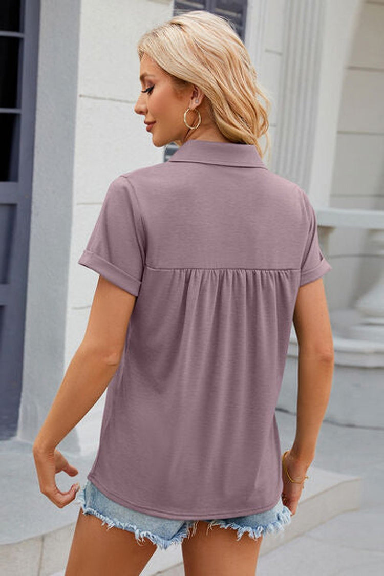 Ruched Johnny Collar Short Sleeve Blouse - Blouses - FITGGINS