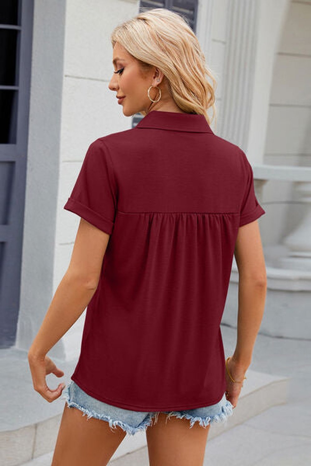 Ruched Johnny Collar Short Sleeve Blouse - Blouses - FITGGINS
