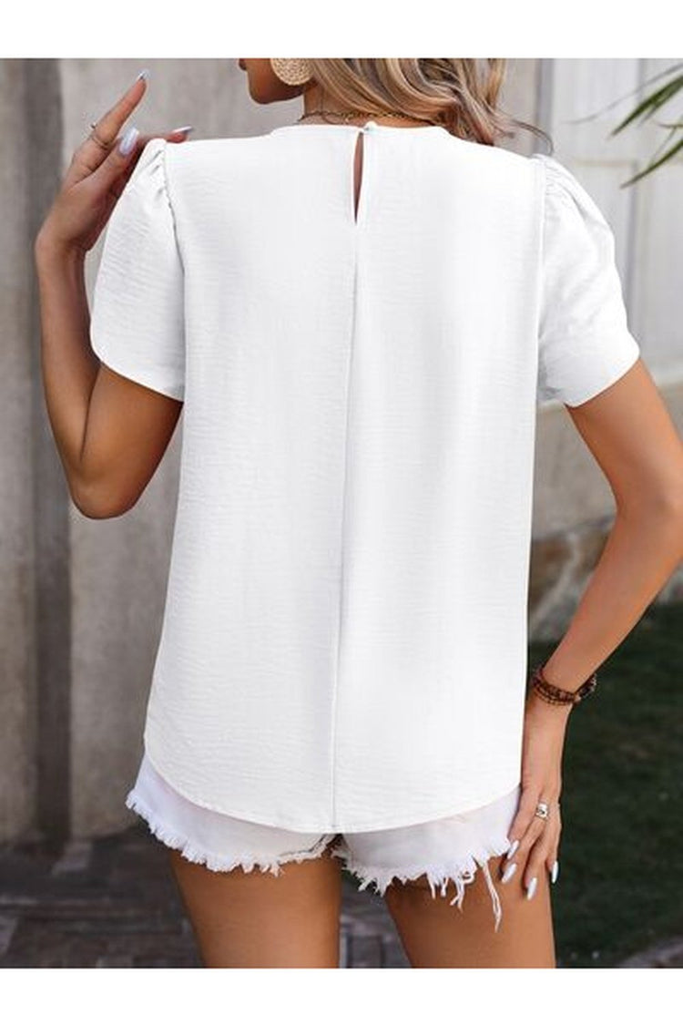 Ruched Round Neck Petal Sleeve Blouse - Blouses - FITGGINS