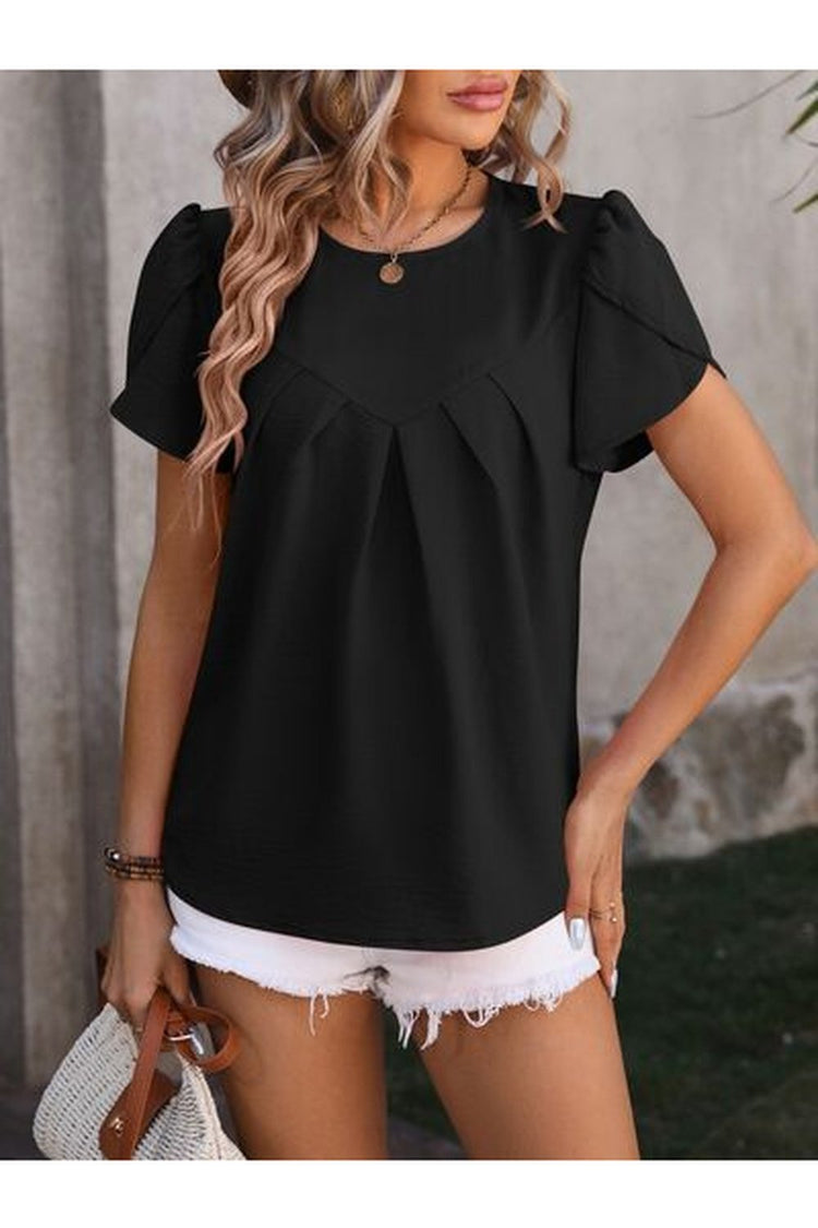 Ruched Round Neck Petal Sleeve Blouse - Blouses - FITGGINS