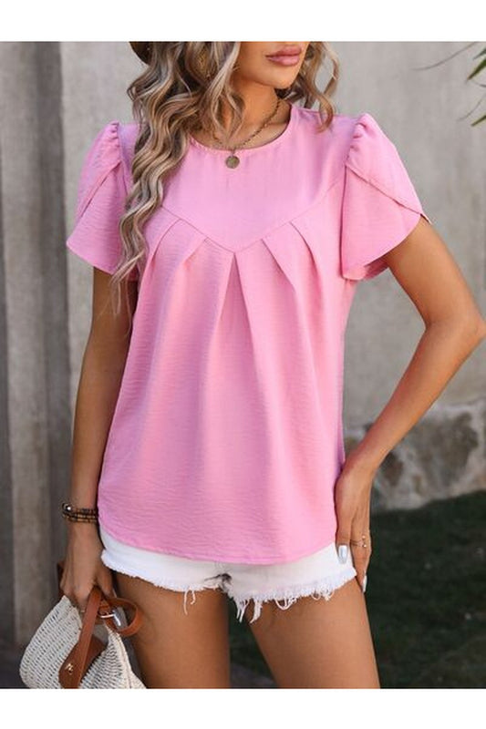 Ruched Round Neck Petal Sleeve Blouse - Blouses - FITGGINS