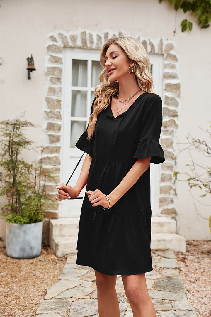 Ruffle Trim Tie Neck Flounce Sleeve Tiered Dress - Casual & Maxi Dresses - FITGGINS