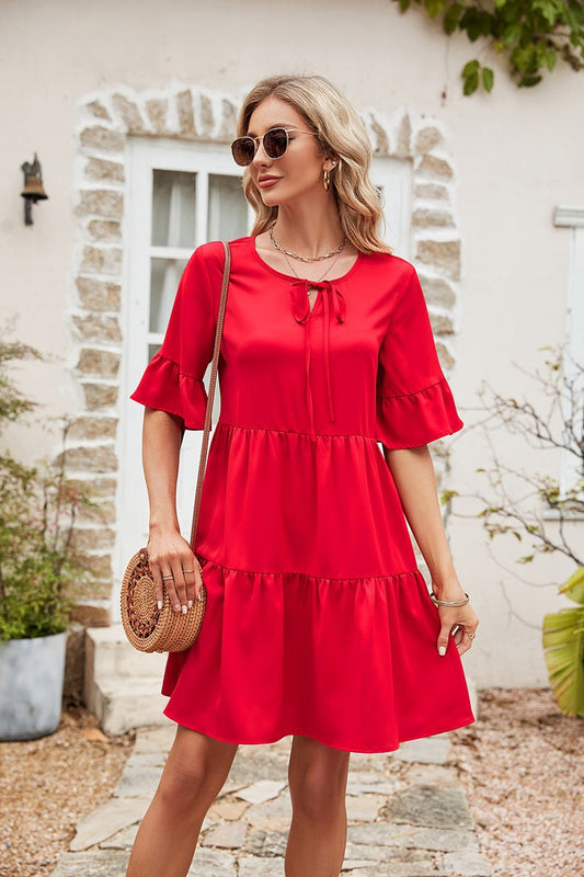 Ruffle Trim Tie Neck Flounce Sleeve Tiered Dress - Casual & Maxi Dresses - FITGGINS