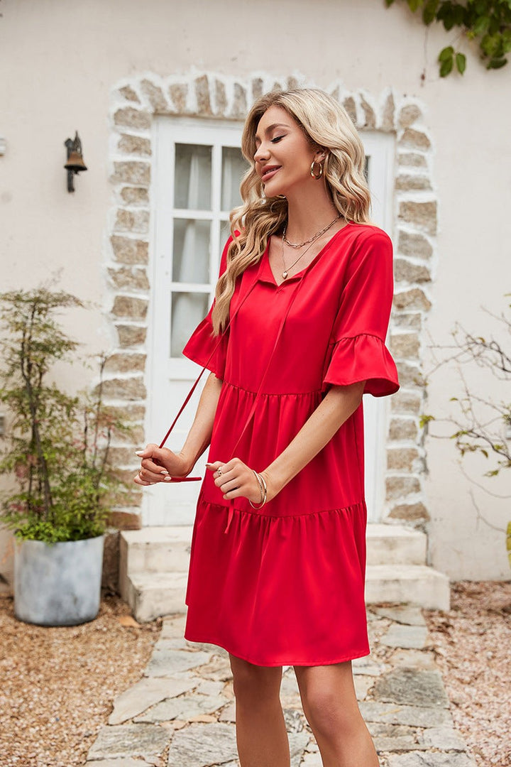Ruffle Trim Tie Neck Flounce Sleeve Tiered Dress - Casual & Maxi Dresses - FITGGINS