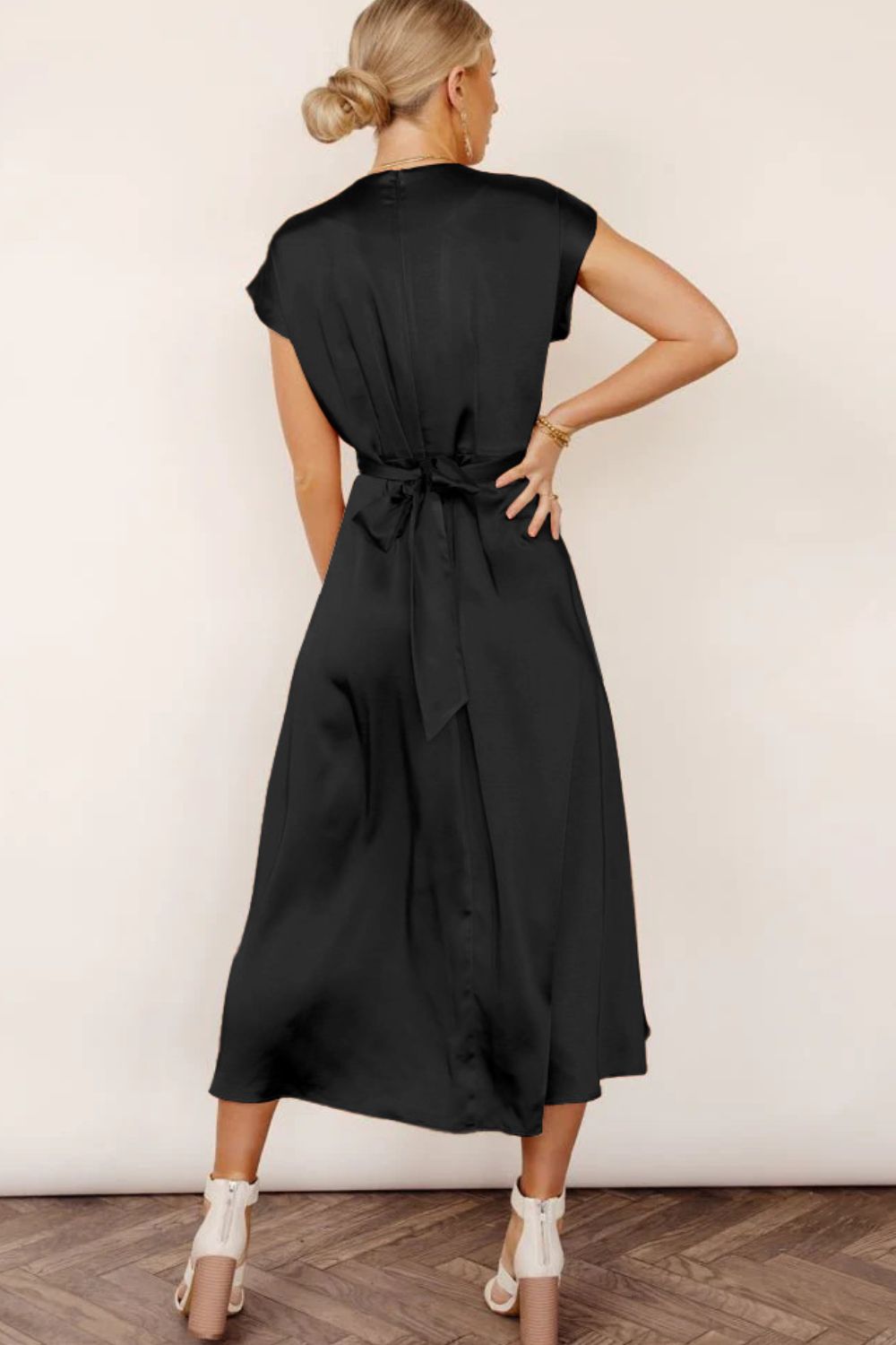 Satin Cap Sleeve Tie Back Midi Dress - Casual & Maxi Dresses - FITGGINS