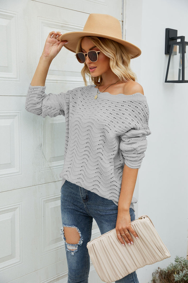 Scalloped Boat Neck Openwork Tunic Sweater - Pullover Sweaters - FITGGINS