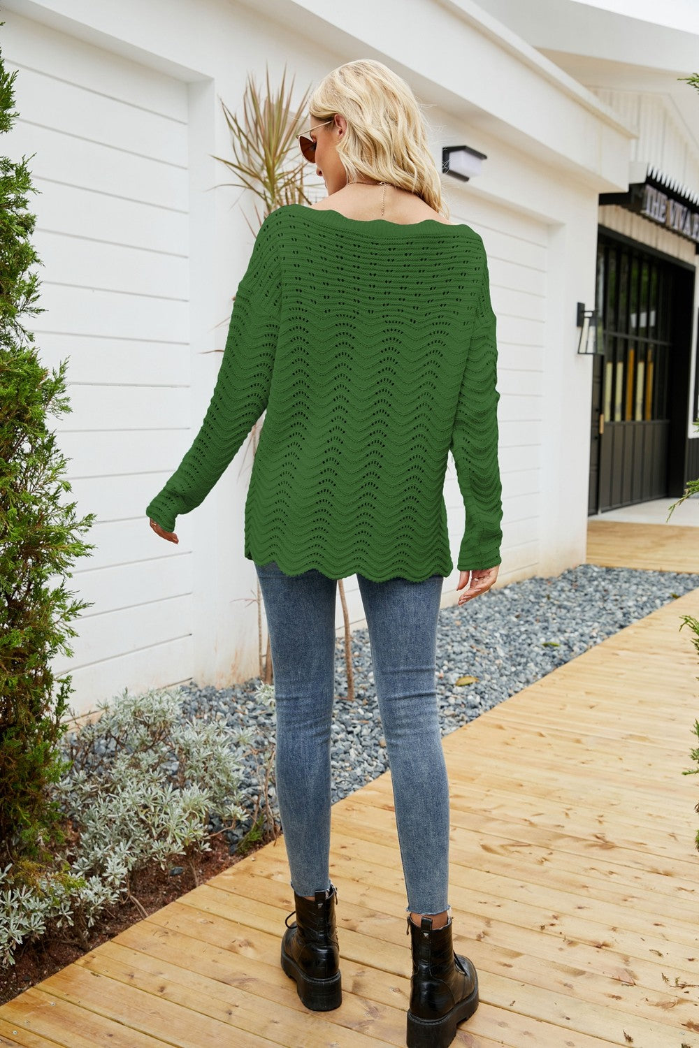 Scalloped Boat Neck Openwork Tunic Sweater - Pullover Sweaters - FITGGINS