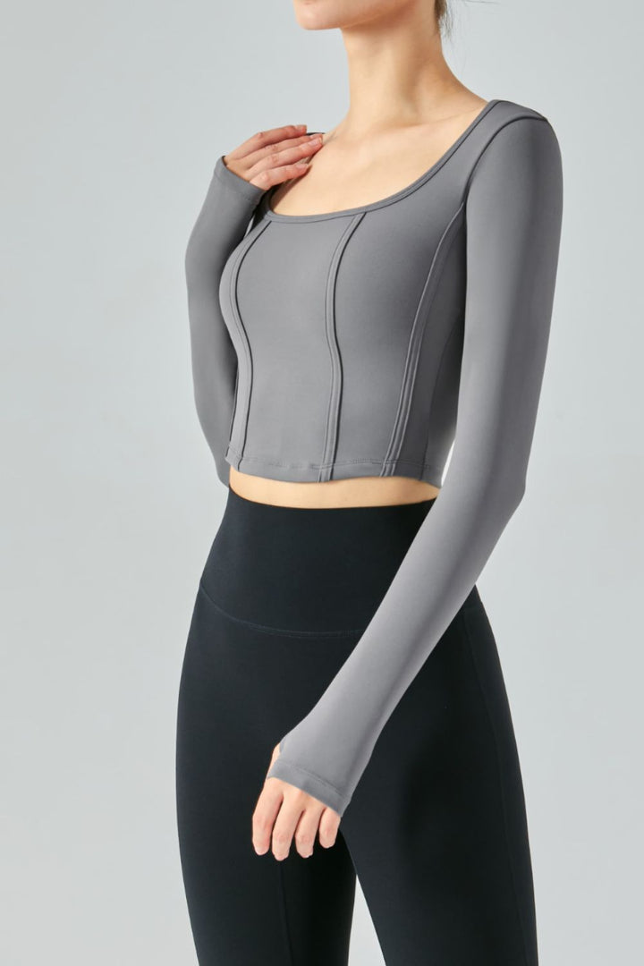 Seam Detail Thumbhole Sleeve Cropped Sports Top - Crop Tops & Tank Tops - FITGGINS