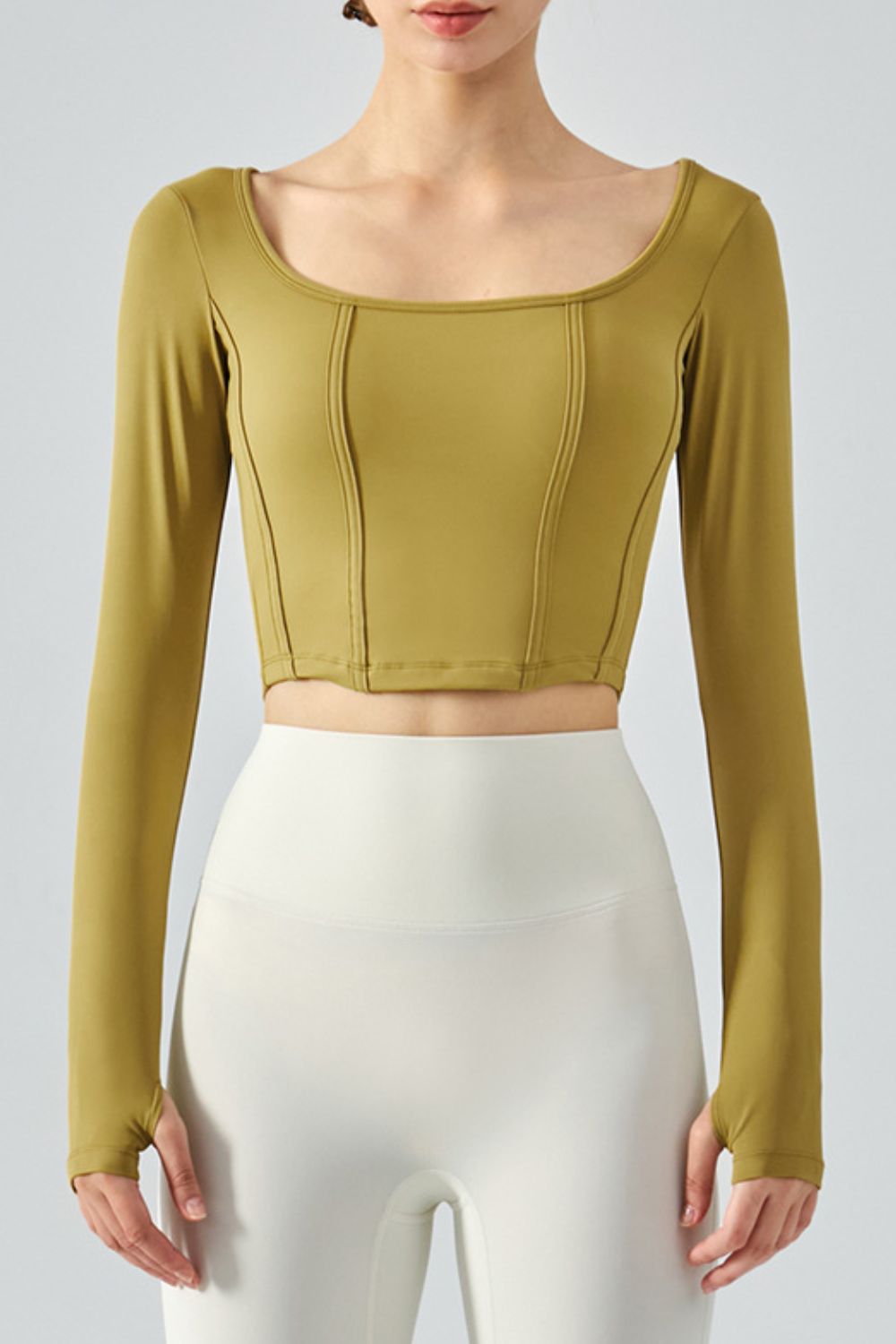 Seam Detail Thumbhole Sleeve Cropped Sports Top - Crop Tops & Tank Tops - FITGGINS