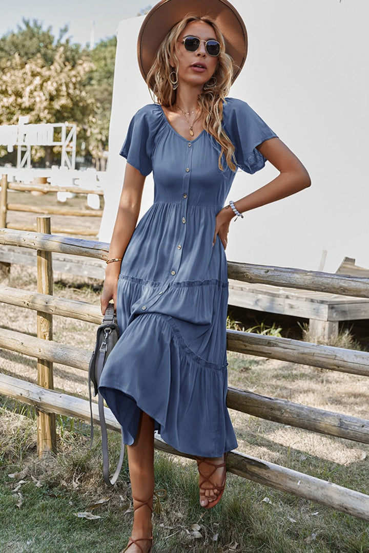 Short Sleeve Frill Trim Buttoned Dress - Casual & Maxi Dresses - FITGGINS
