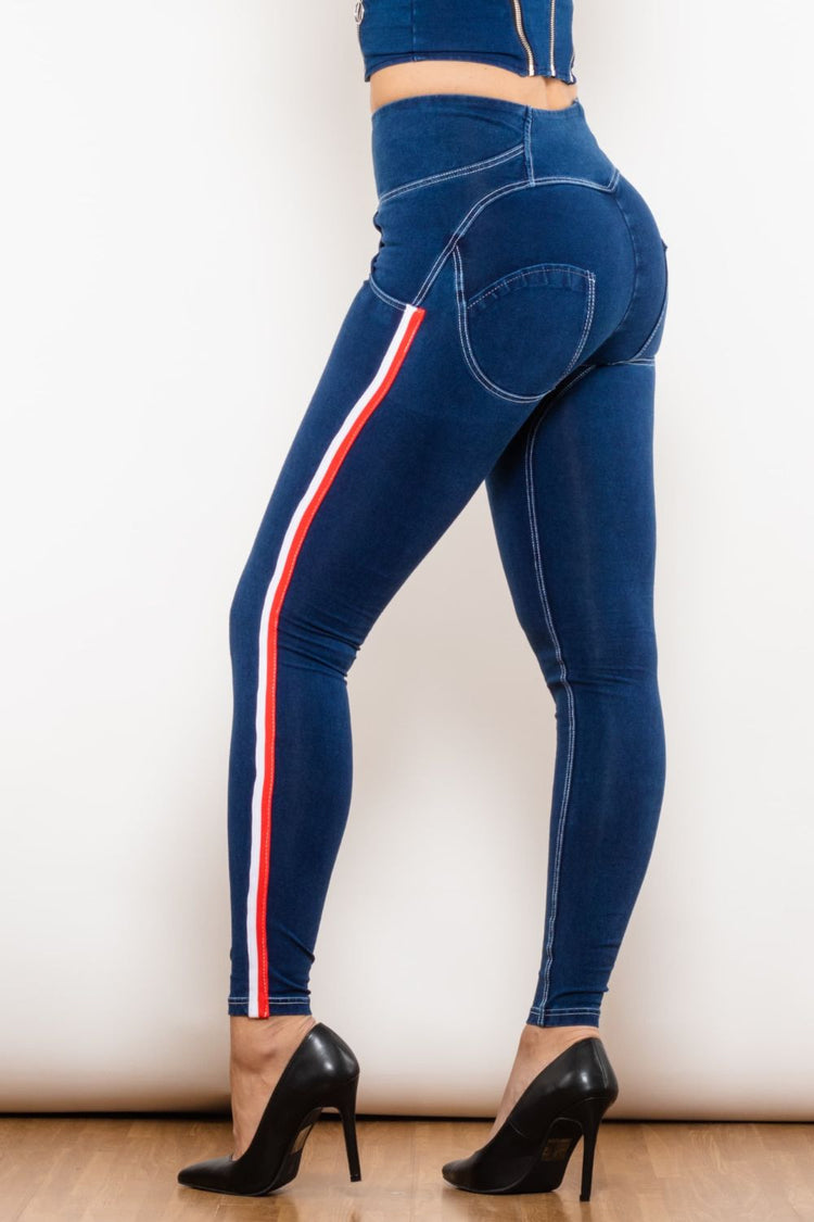 Side Stripe Buttoned High Waist Skinny Jeans - Jeans - FITGGINS
