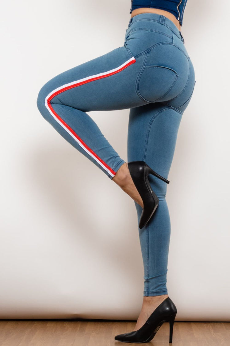 Side Stripe Contrast Buttoned Skinny Jeans - Jeans - FITGGINS