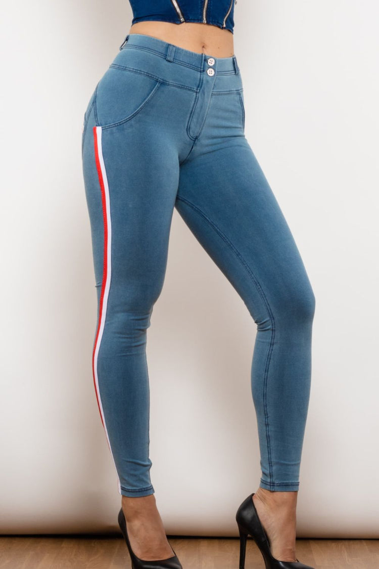 Side Stripe Contrast Buttoned Skinny Jeans - Jeans - FITGGINS