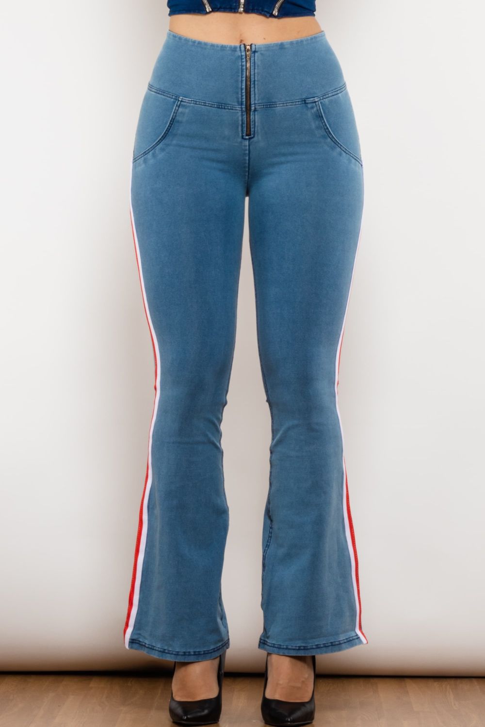Side Stripe Zip Closure Bootcut Jeans - Jeans - FITGGINS