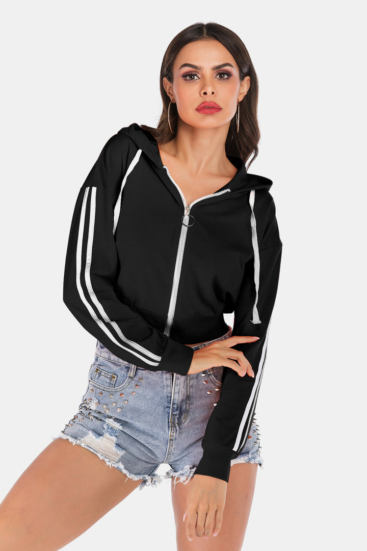 Side Stripe Drawstring Cropped Hooded Jacket - Sweatshirts & Hoodies - FITGGINS