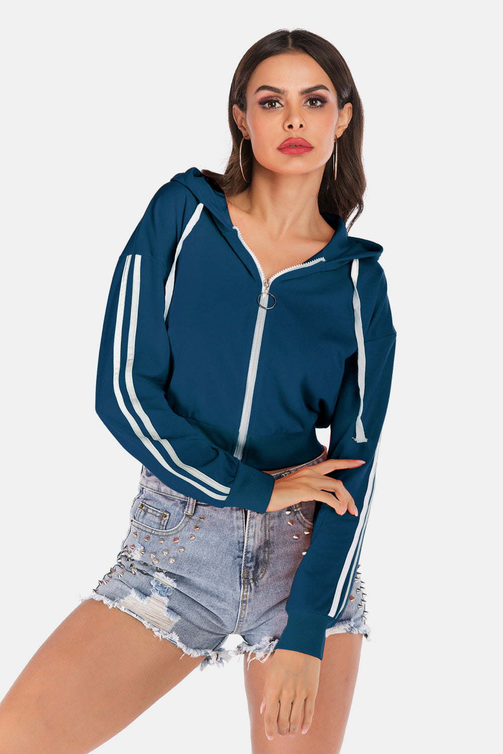 Side Stripe Drawstring Cropped Hooded Jacket - Sweatshirts & Hoodies - FITGGINS