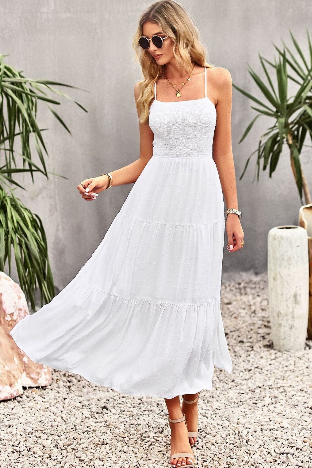 Smocked Lace-Up Tiered Dress - Casual & Maxi Dresses - FITGGINS