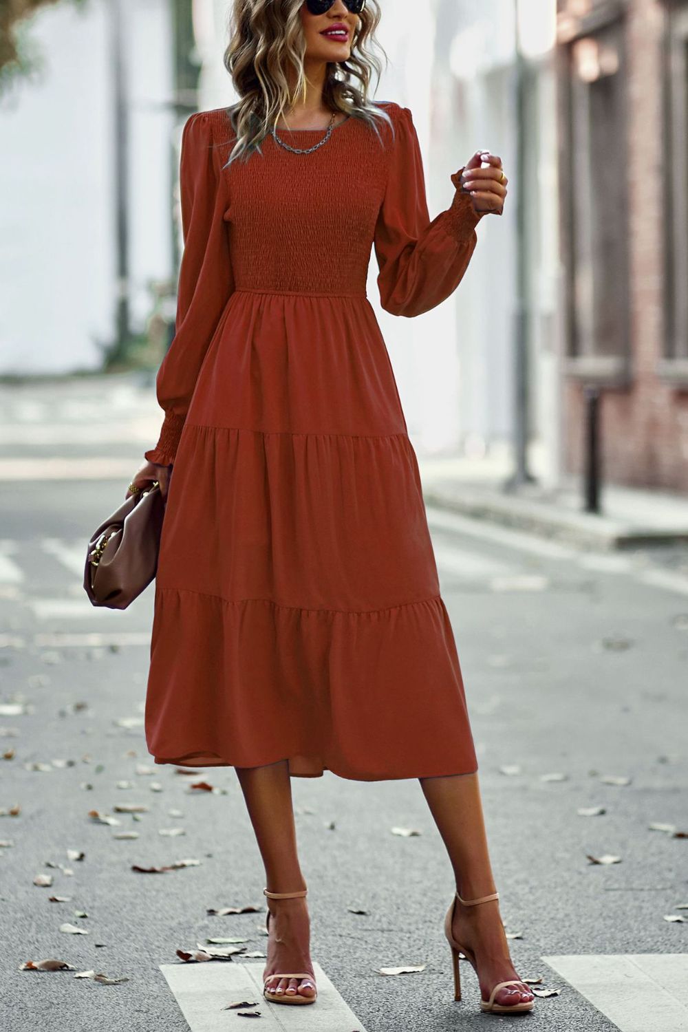 Smocked Long Puff Sleeve Tiered Midi Dress - Casual & Maxi Dresses - FITGGINS