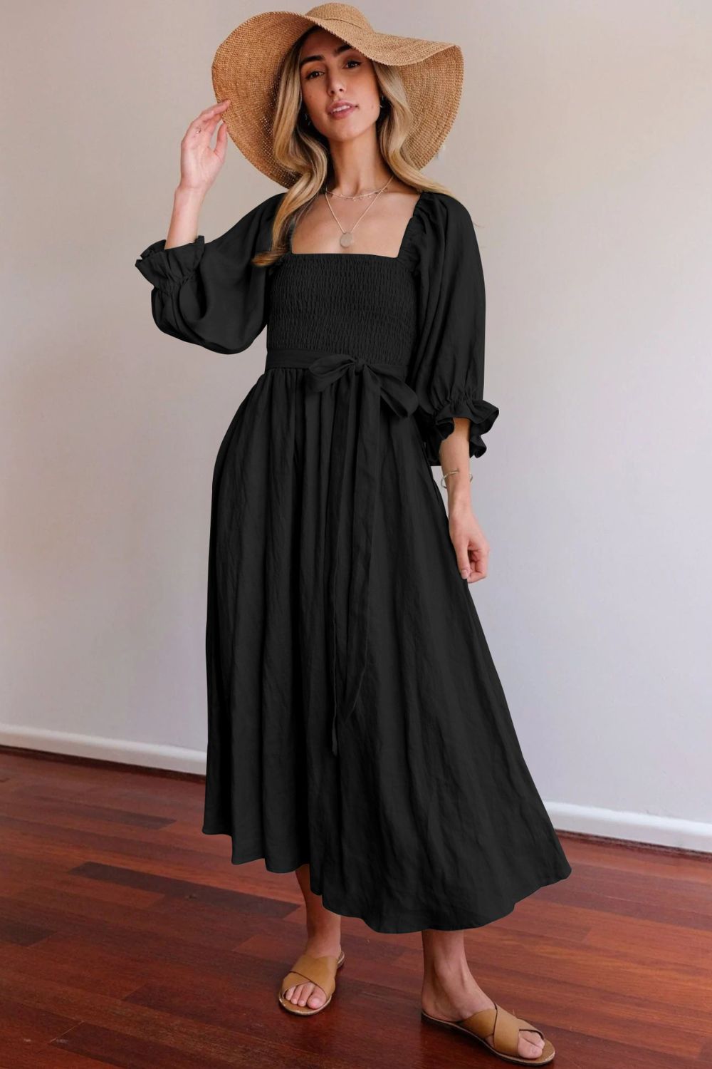 Smocked Square Neck Flounce Sleeve Dress - Casual & Maxi Dresses - FITGGINS