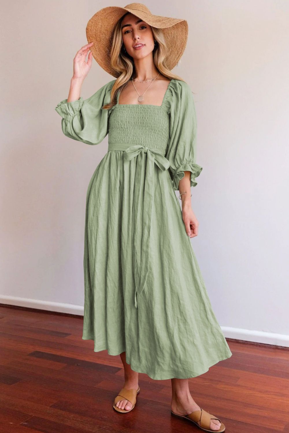 Smocked Square Neck Flounce Sleeve Dress - Casual & Maxi Dresses - FITGGINS