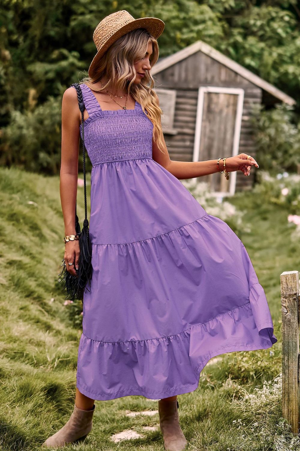 Smocked Square Neck Tiered Dress - Casual & Maxi Dresses - FITGGINS