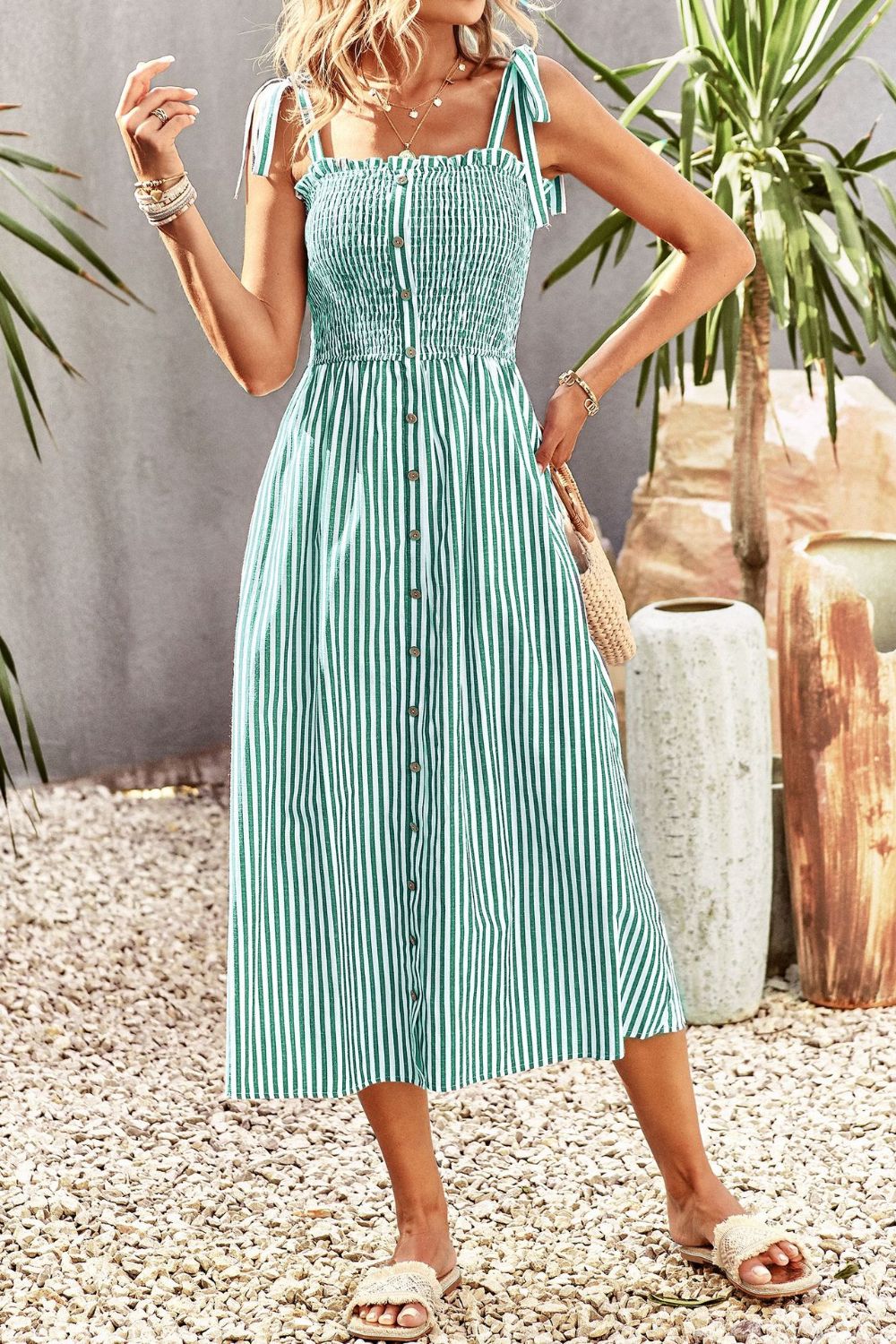 Smocked Tie Strap Sleeveless Striped Midi Dress - Casual & Maxi Dresses - FITGGINS