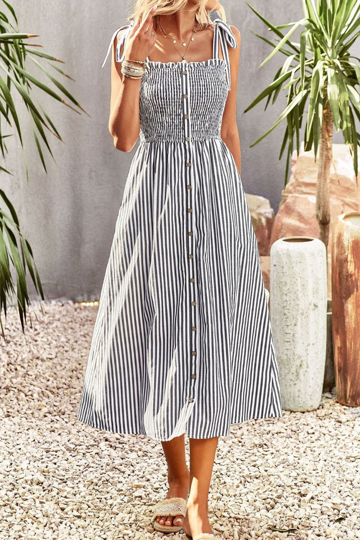 Smocked Tie Strap Sleeveless Striped Midi Dress - Casual & Maxi Dresses - FITGGINS