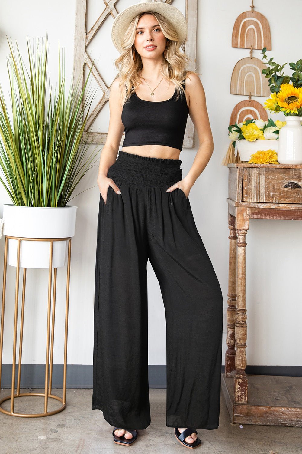 Smocked Waist Wide Leg Pants with Pockets - Pants - FITGGINS