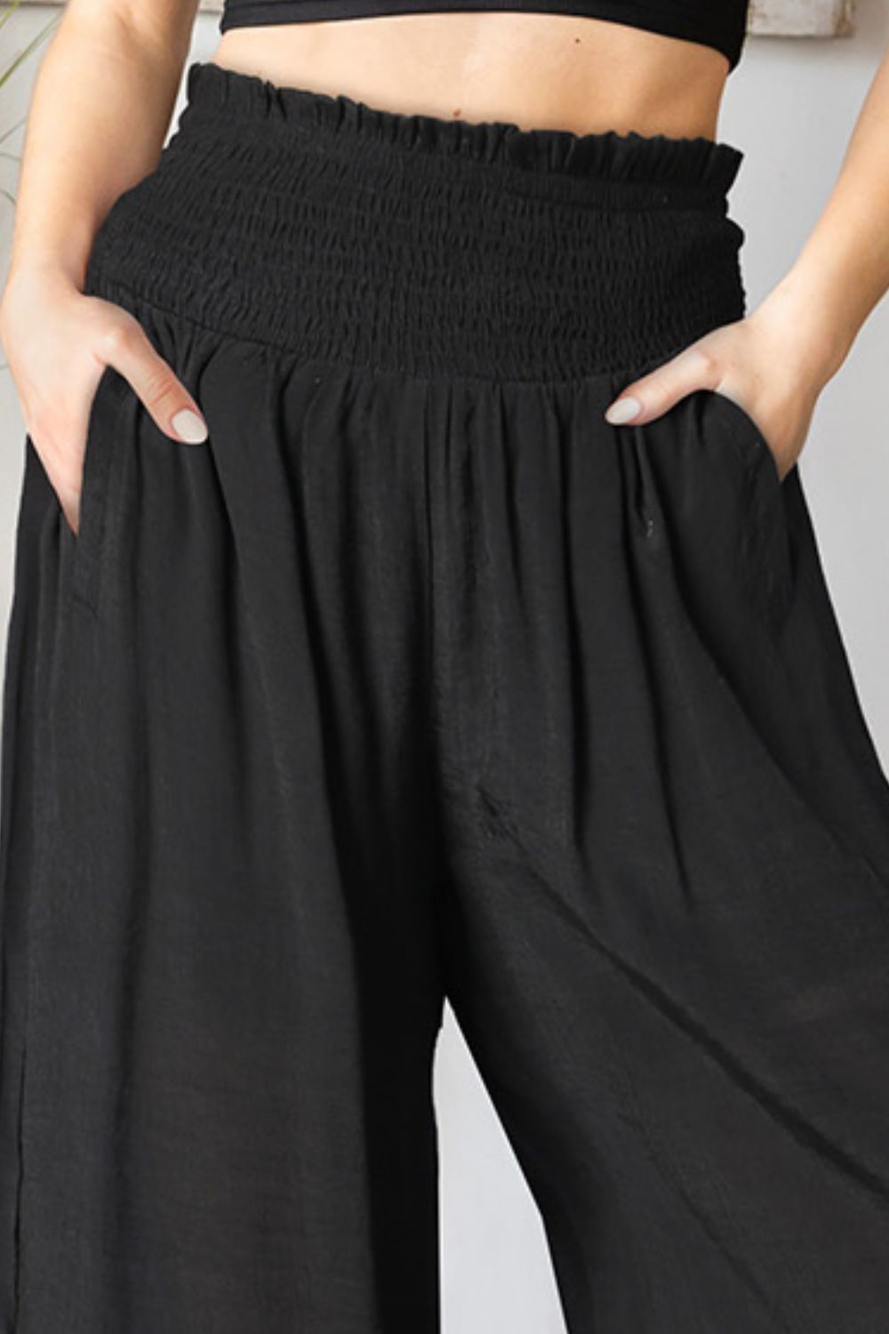 Smocked Waist Wide Leg Pants with Pockets - Pants - FITGGINS