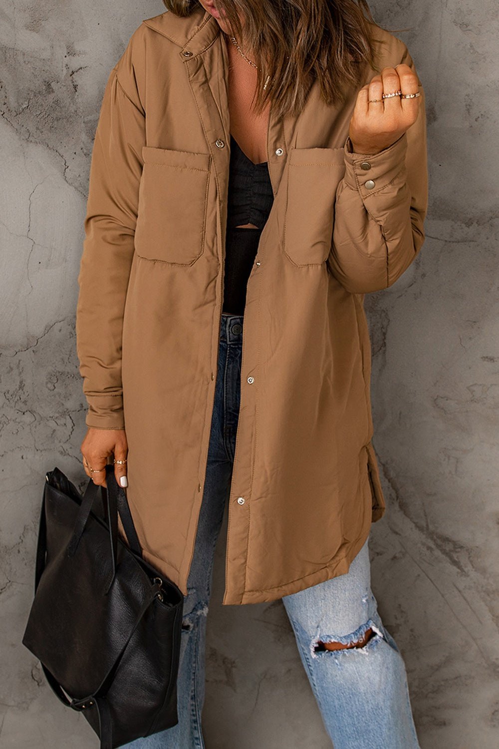 Snap Down Side Slit Jacket with Pockets - Jackets - FITGGINS