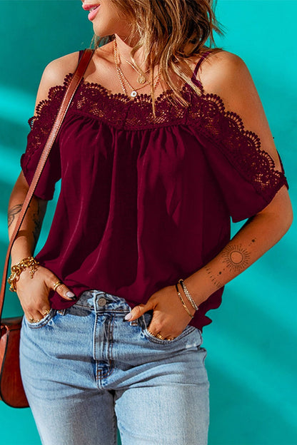 Spaghetti Strap Cold-Shoulder Lace Trim Blouse - Blouses - FITGGINS