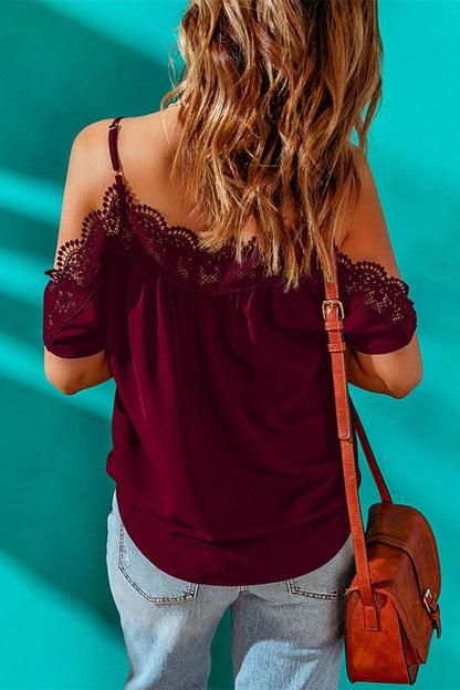 Spaghetti Strap Cold-Shoulder Lace Trim Blouse - Blouses - FITGGINS