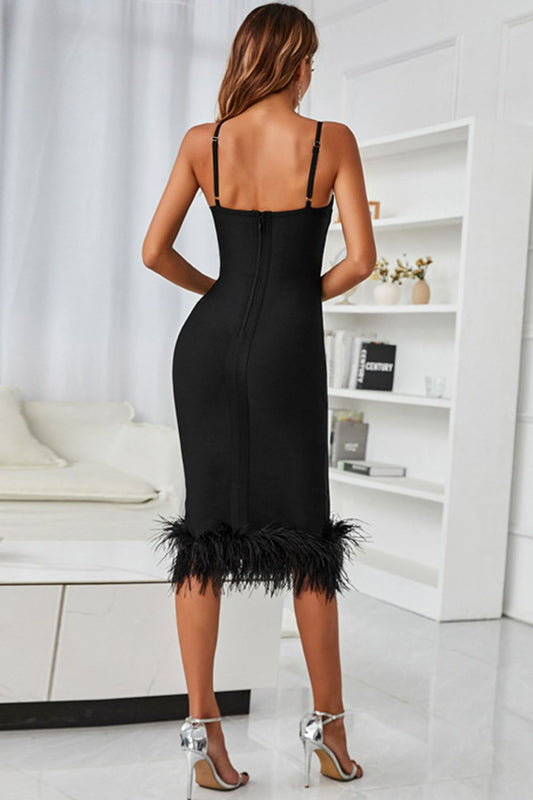Spaghetti Strap Feather Trim Bodycon Dress - Cocktail Dresses - FITGGINS
