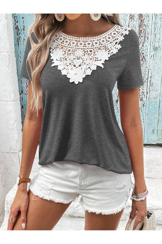 Spliced Lace Contrast Short Sleeve Top - Blouses - FITGGINS