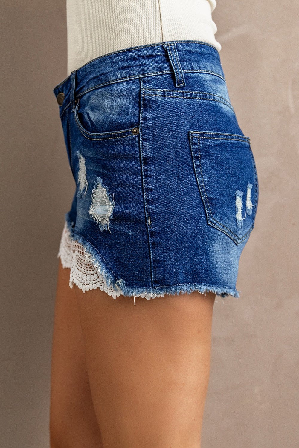 Spliced Lace Distressed Denim Shorts - Denim Shorts - FITGGINS