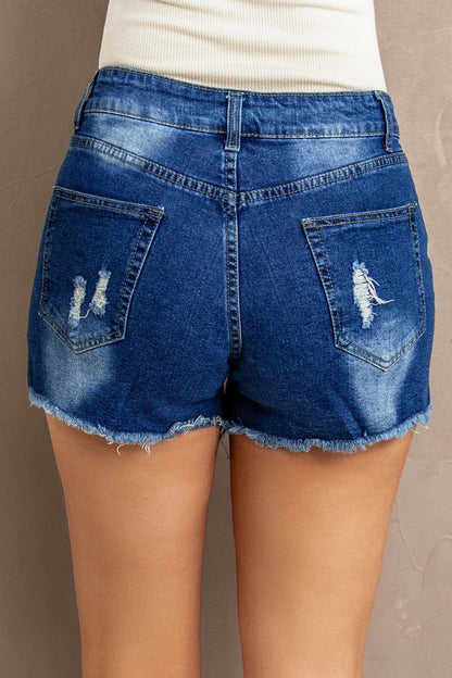 Spliced Lace Distressed Denim Shorts - Denim Shorts - FITGGINS