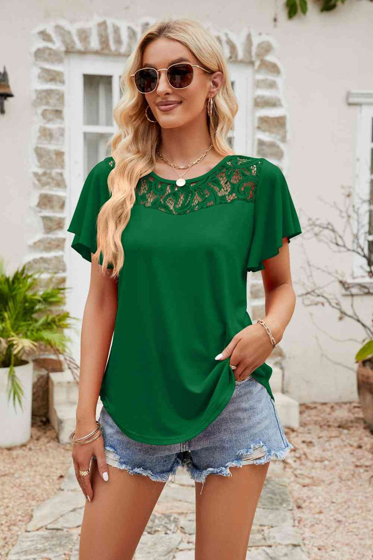 Spliced Lace Flutter Sleeve Top - Blouses - FITGGINS